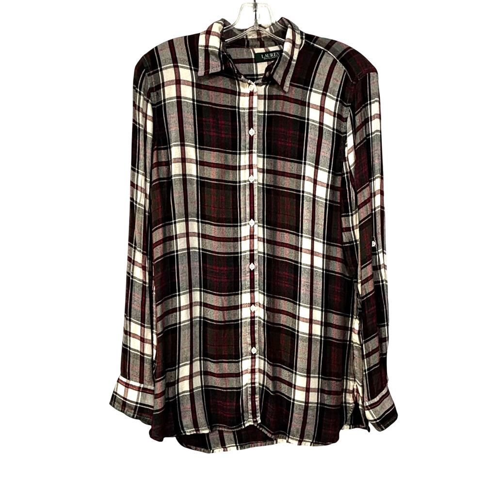 Lauren Ralph Lauren M flannel shirt roll tab sleeves casual black & red plaid